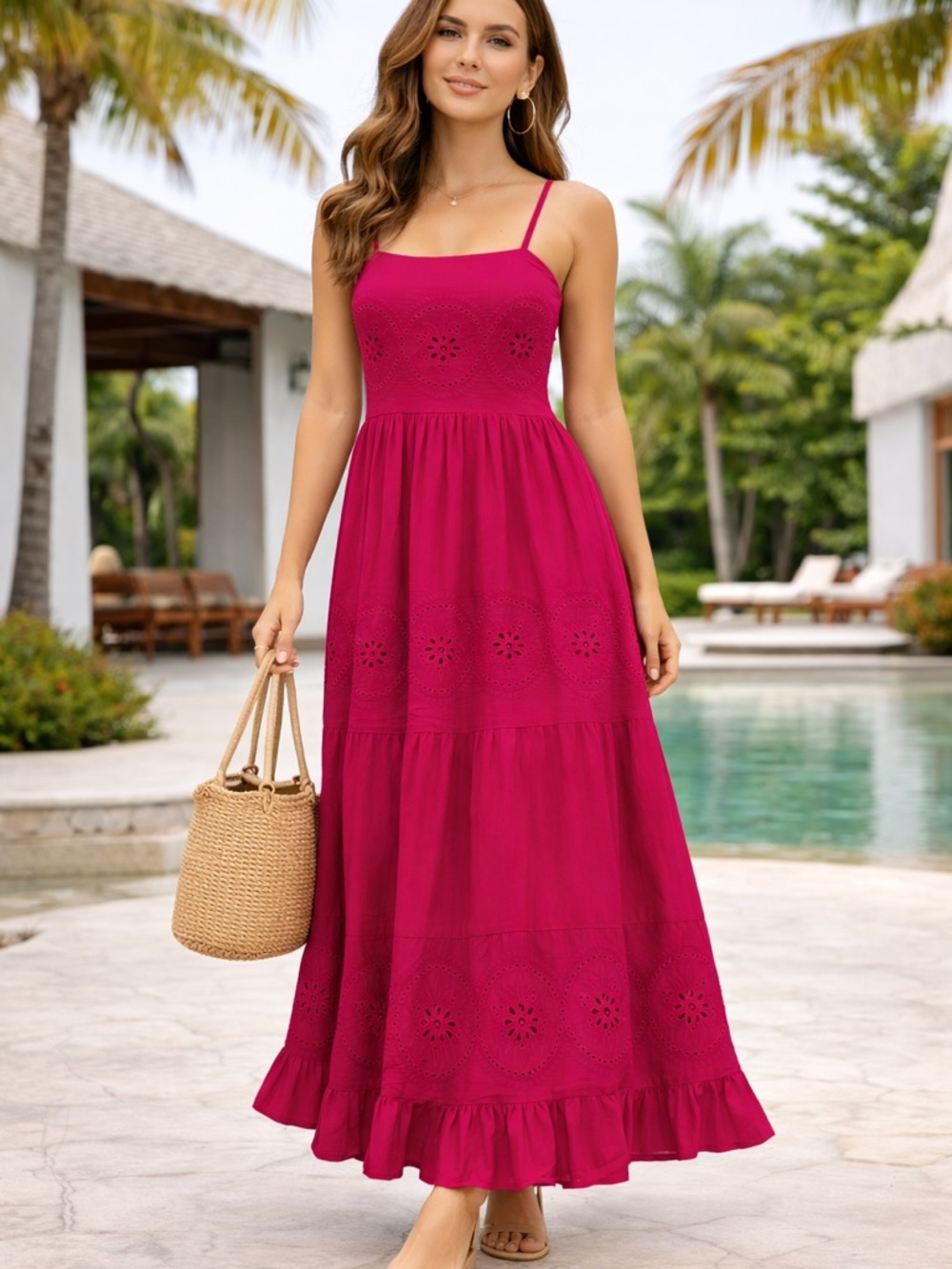 Boho Pink Eyelet Embroidered Tiered Midi Dress L